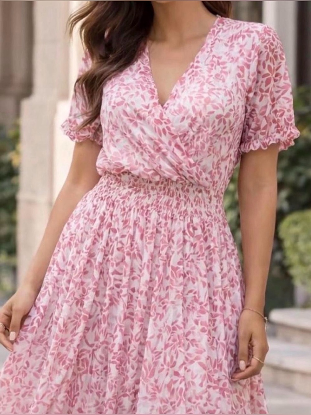 Kate and Lily Pink Floral Wrap Maxi Dress with Smocked Waist